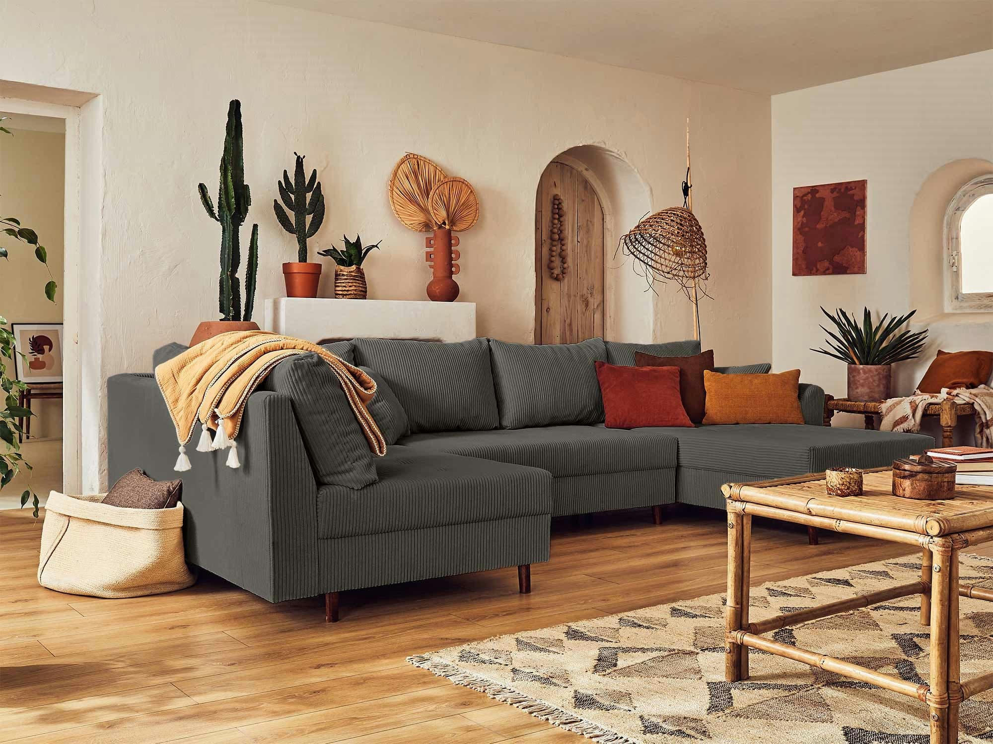 RUNE - Canapé d'angle gauche 7 places en velours côtelé gris foncé