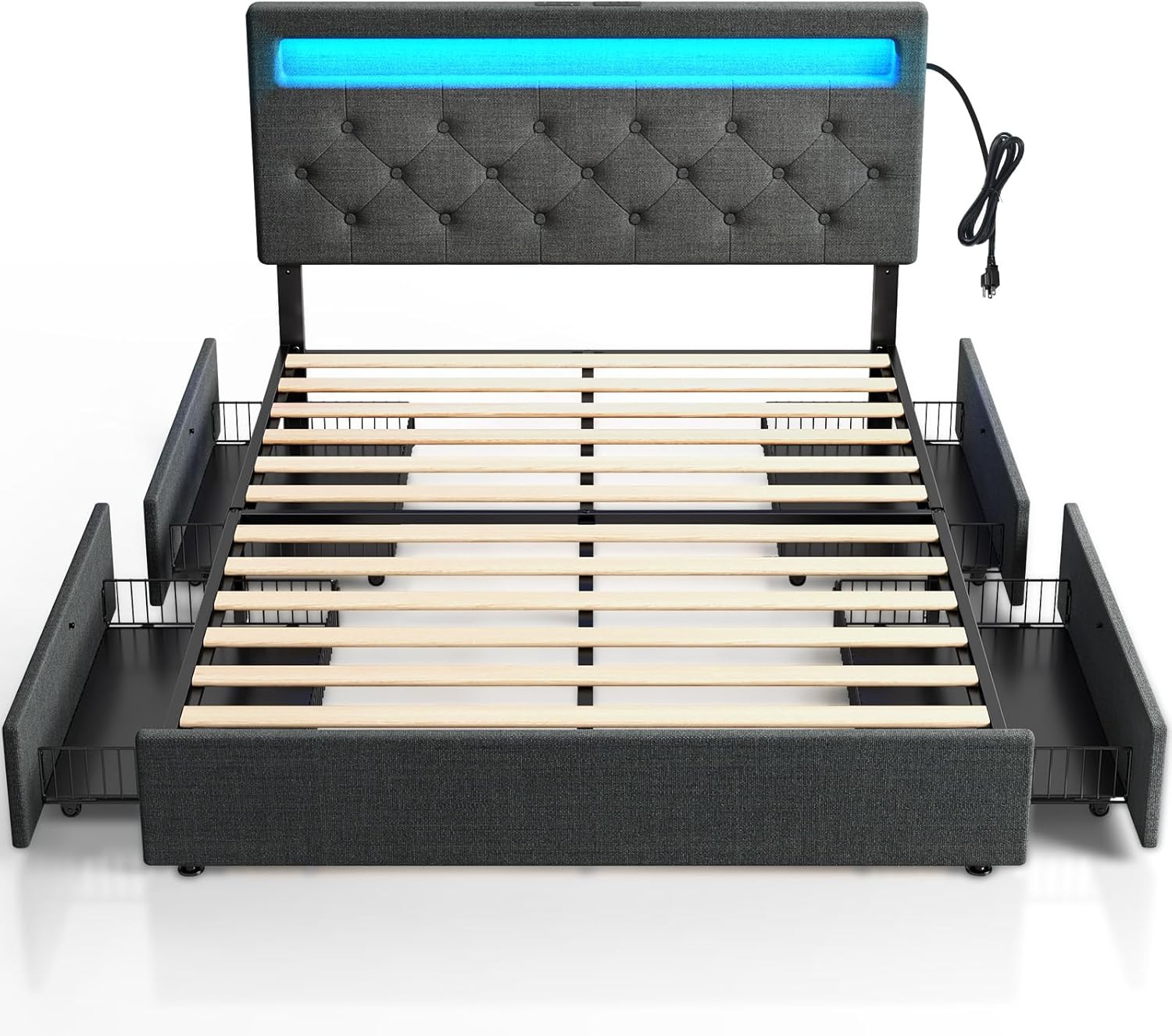 Rolanstar Full Size Bed Frame with 4 Storage Drawers and Charging Station, Full Bed with Led Lights, 2 USB & 1 Type C, Adjustable Headboard 38.9/40.9 Inches, No Box Spring Needed, Dark Gray
