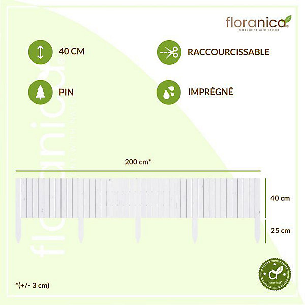 Floranica Bordure de jardin en bois flexible 40 x 200 cm Blanc avec piquets, idéale pour délimiter pelouse et massifs de fleurs