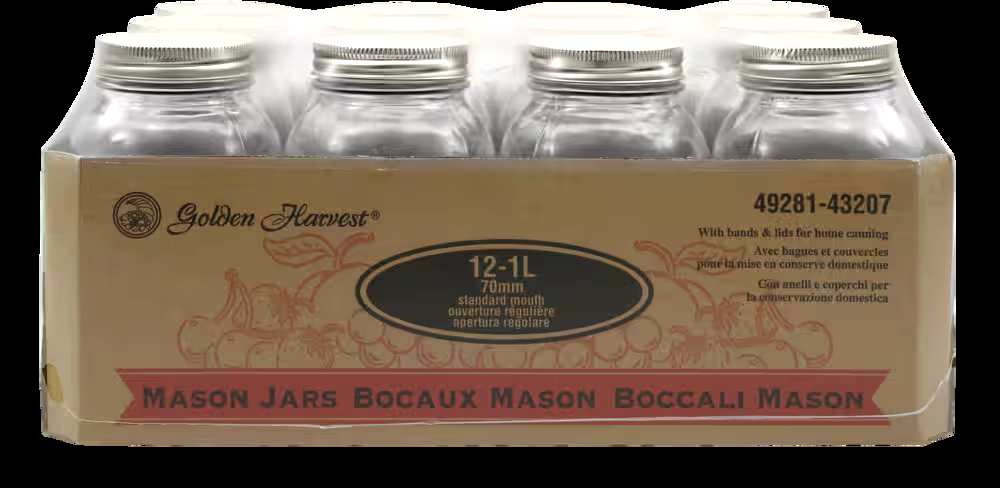 Golden Harvest Regular Mouth Glass Mason Jars with Snap Lids, 1 L, 12 Count