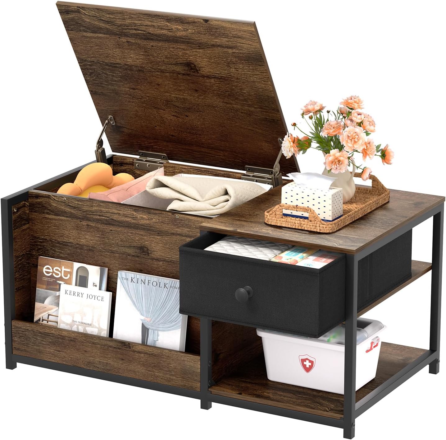 SINPAID Coffee Table with Storage, Rectangular Coffee Tables for Living Room, Farmhouse Coffee Table with Hidden Storage Compartment and Adjustable Shelves, Walnut