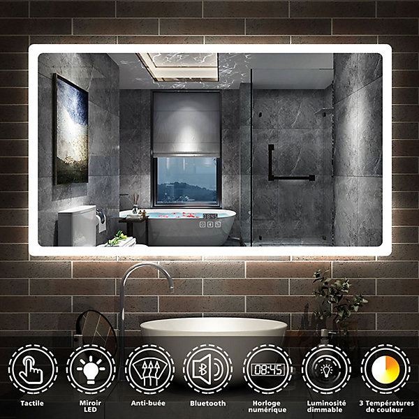 Miroir Bluetooth 120x70 cm, tricolore   horloge   mémoire   dimmable   anti-buée, miroir LED étanche IP44, AICA SANITAIRE