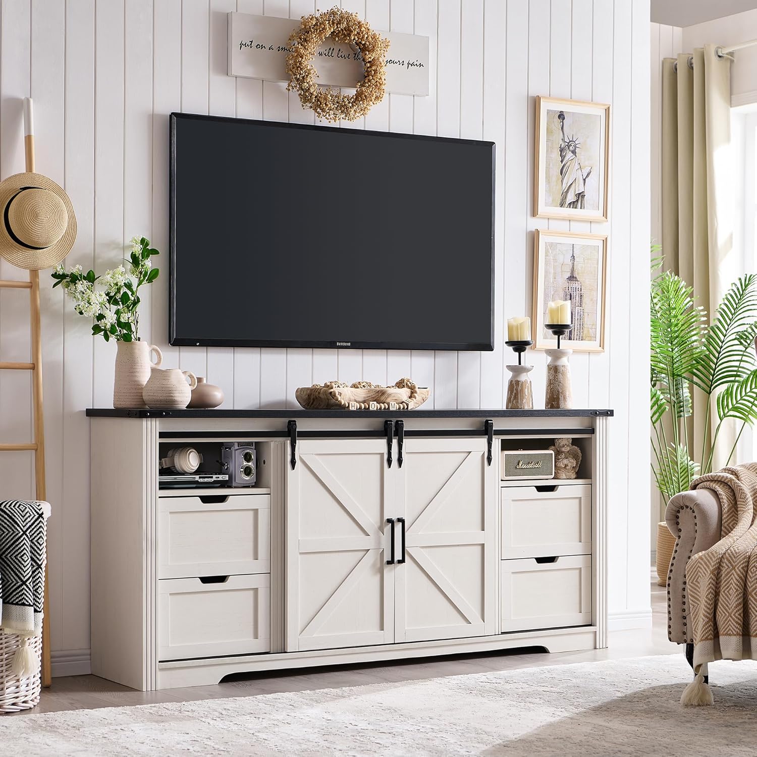 Farmhouse TV Stand for 75+ Inch TV, 32 Tall Entertainment Center w/4 Drawers & Sliding Barn Door, Rustic Media Console w/Storage Shelves, 66 Wood Television Stand for Living Room, Off White