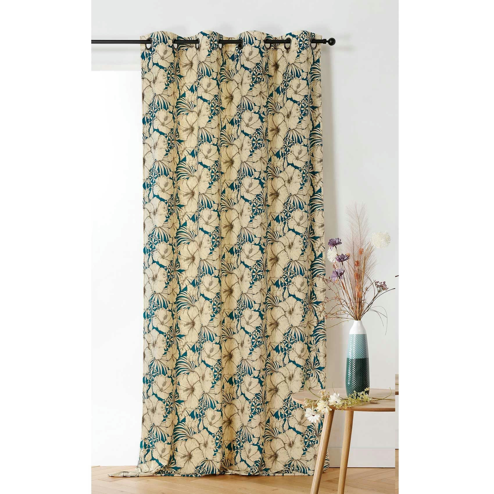 - Rideau à motif floral polyester bleu paon 145x240 cm