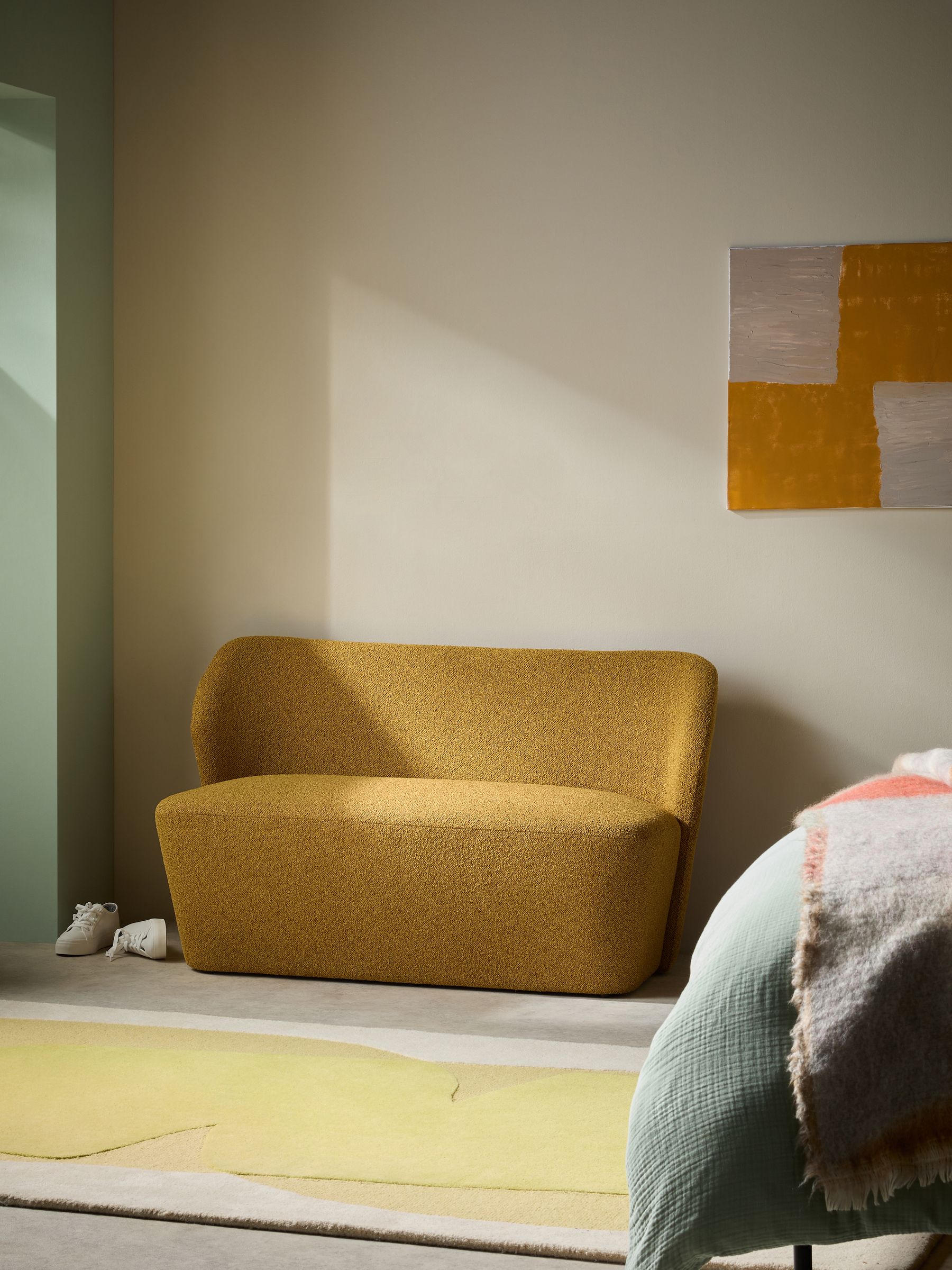 Topeka Small 2 Seater Sofa in Ochre Yellow Pax Boucle