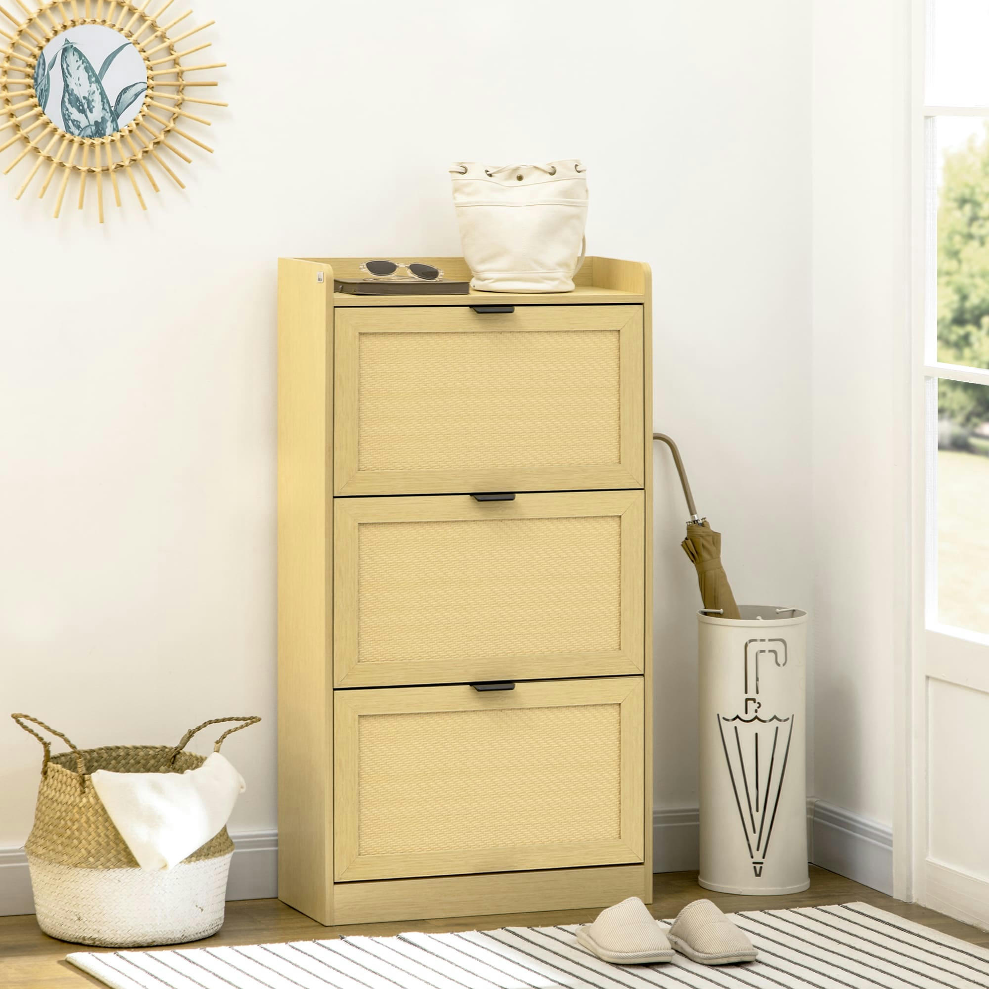 - Meuble à chaussures style bohème - coloris bois clair PVC aspect rotin