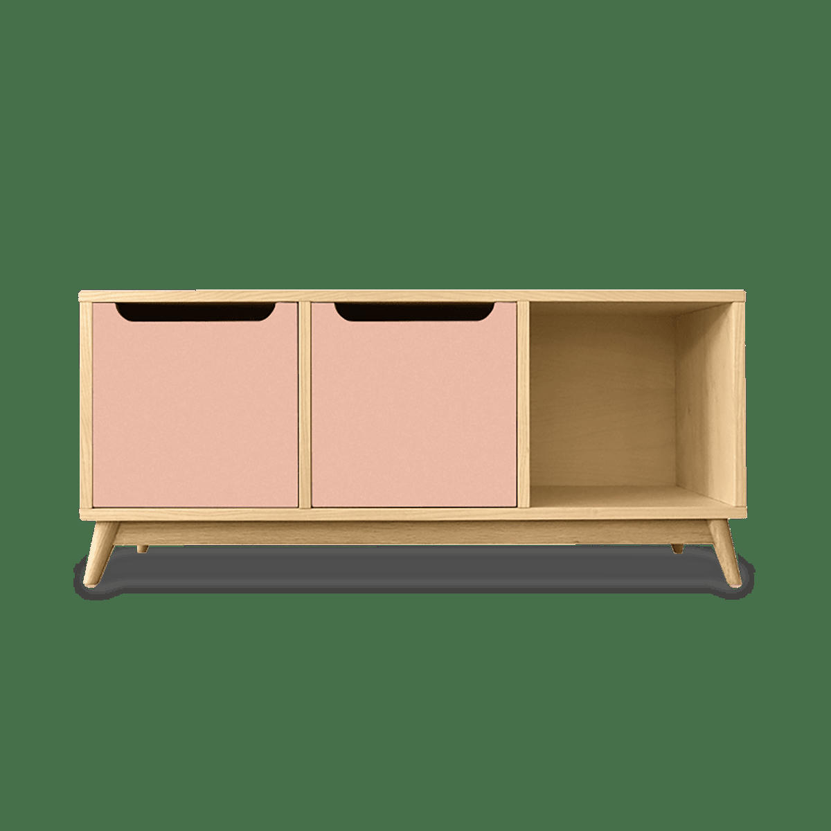 KILT - Meuble bas, 2 portes, 1 niche de rangement, chêne et rose.