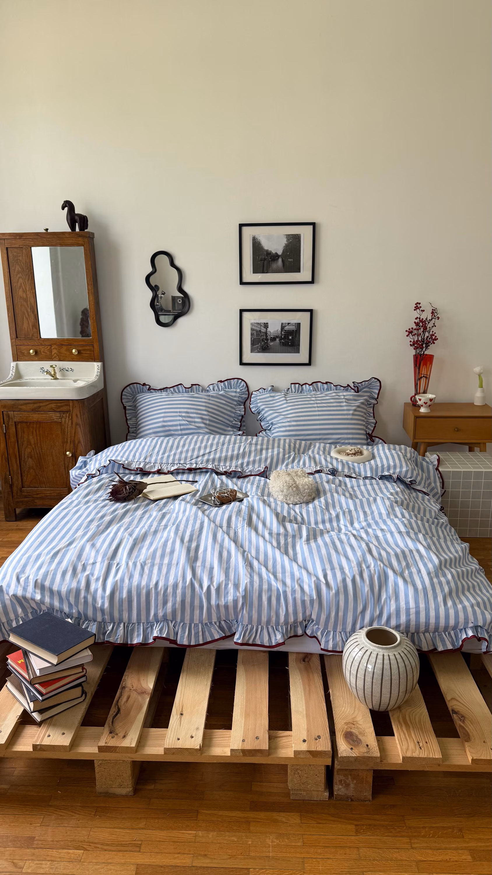Blue Stripe Duvet Cover with Ruffles, Burgundy Trim, Cottagecore Bedding Set