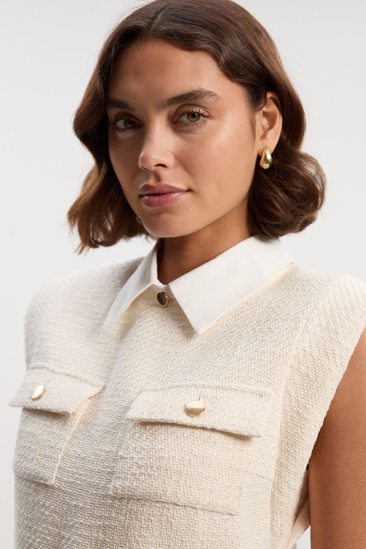 KarenMillen Textured Tweed Contrast Collar Pleated Tailored Mini Dress