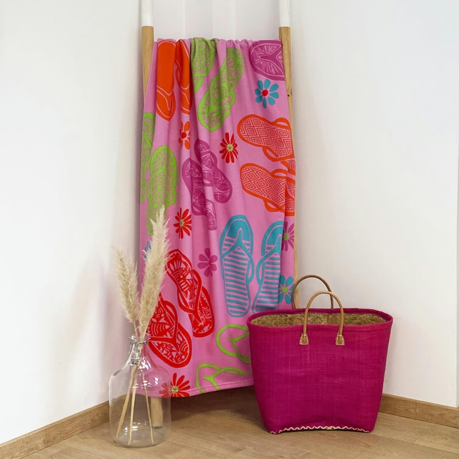 PLAGE MICROFIBRE - Serviette de plage microfibre Flipflop 90x170 rose