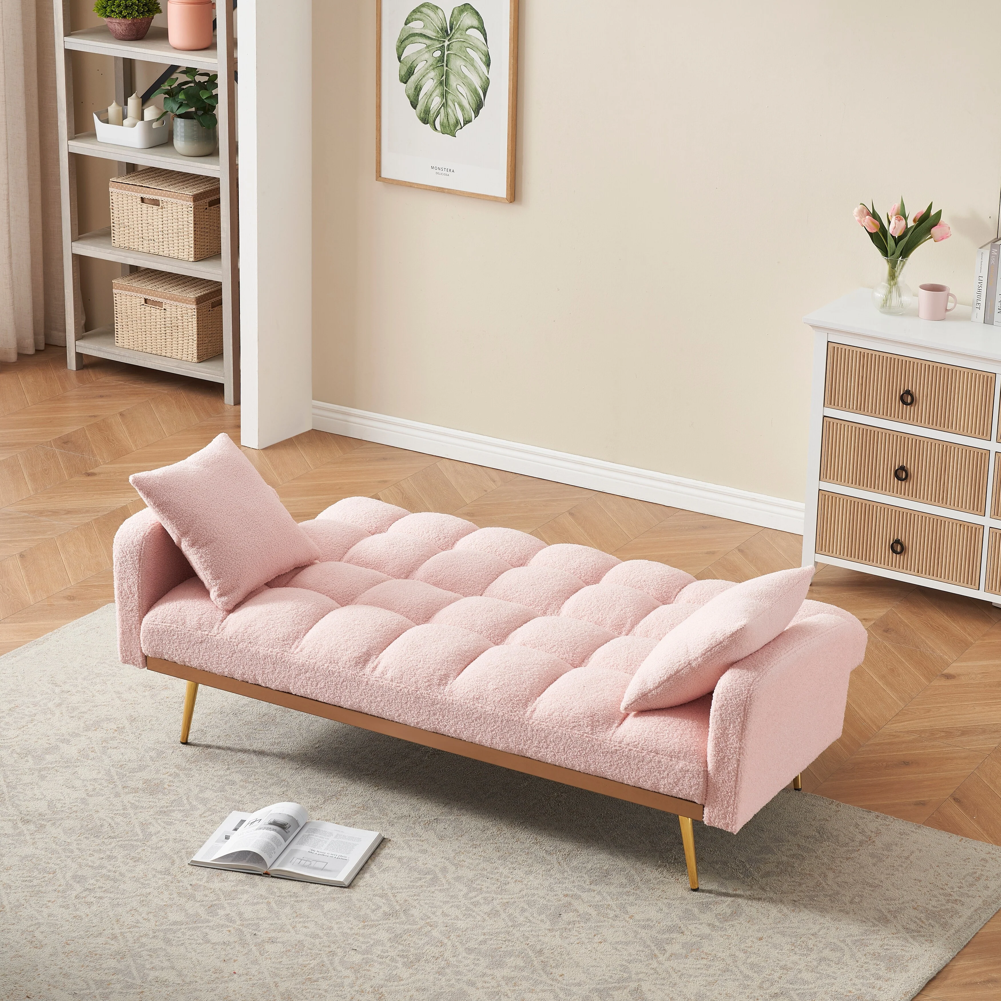 69 Inch Sofa Bed Pink with Adjustable Teddy Sofa for Small Space Living Room and Bedroom