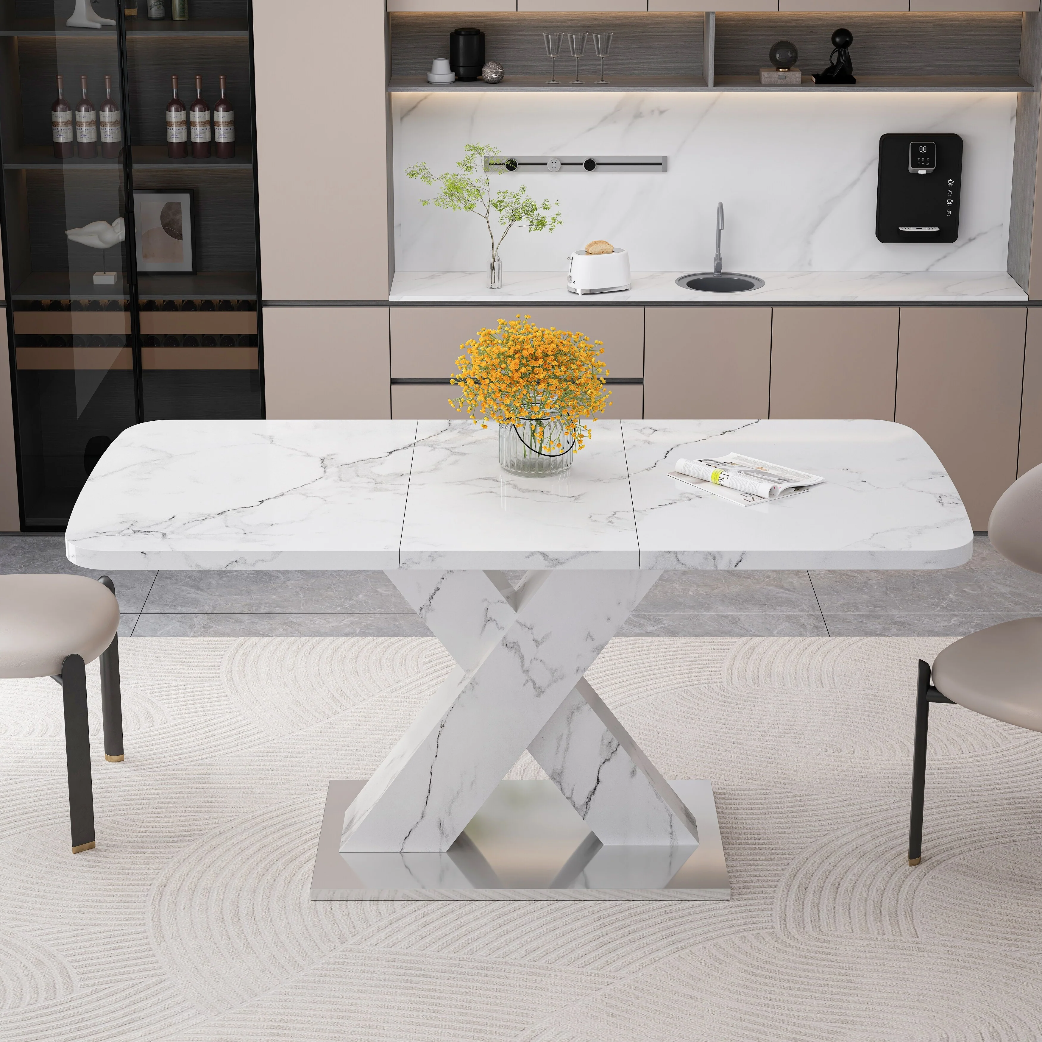 Modern Square Dining Table, Stretchable, with Printed Marble Table Top+ X-Shape Table Leg with Metal Base