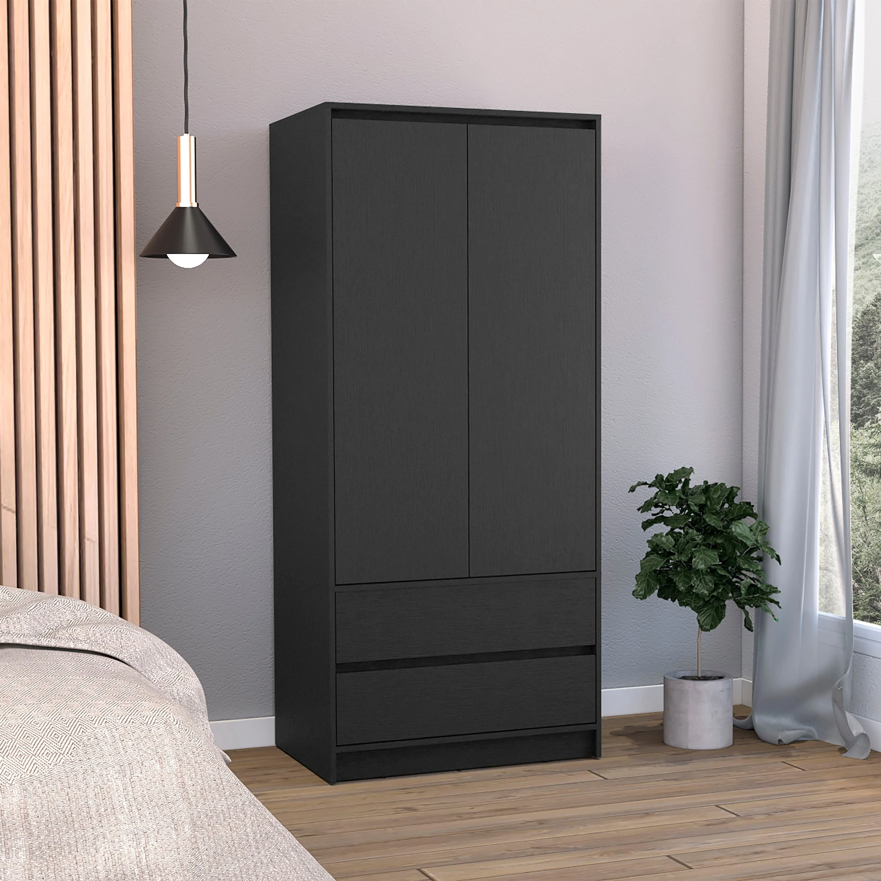 Austin Armoire with 2 Doors, 2 Drawers, and Hanging Rod, Black - N/A