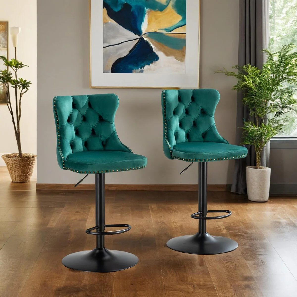 Swivel Velvet Barstools Adjusatble Seat Height from 25-33 Inch,17.7inch base, for Home Pub and Kitchen Island,Purple,Set of 2