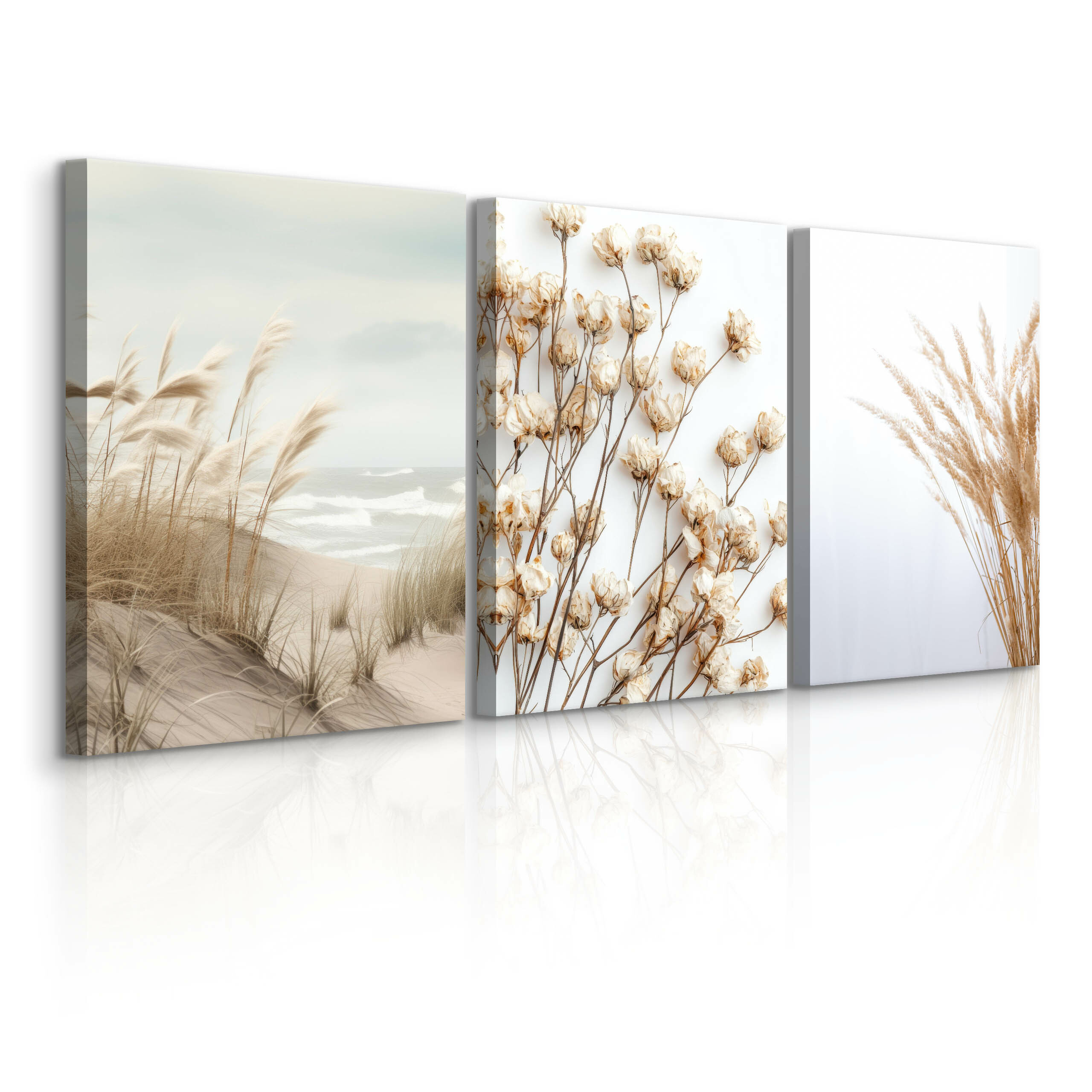 3x Obraz Set Plaża Morze Trawa Pampasowa Kwiaty 30x40cm