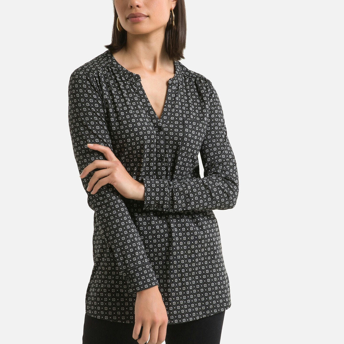 T-shirt imprimé col tunisien, forme tunique