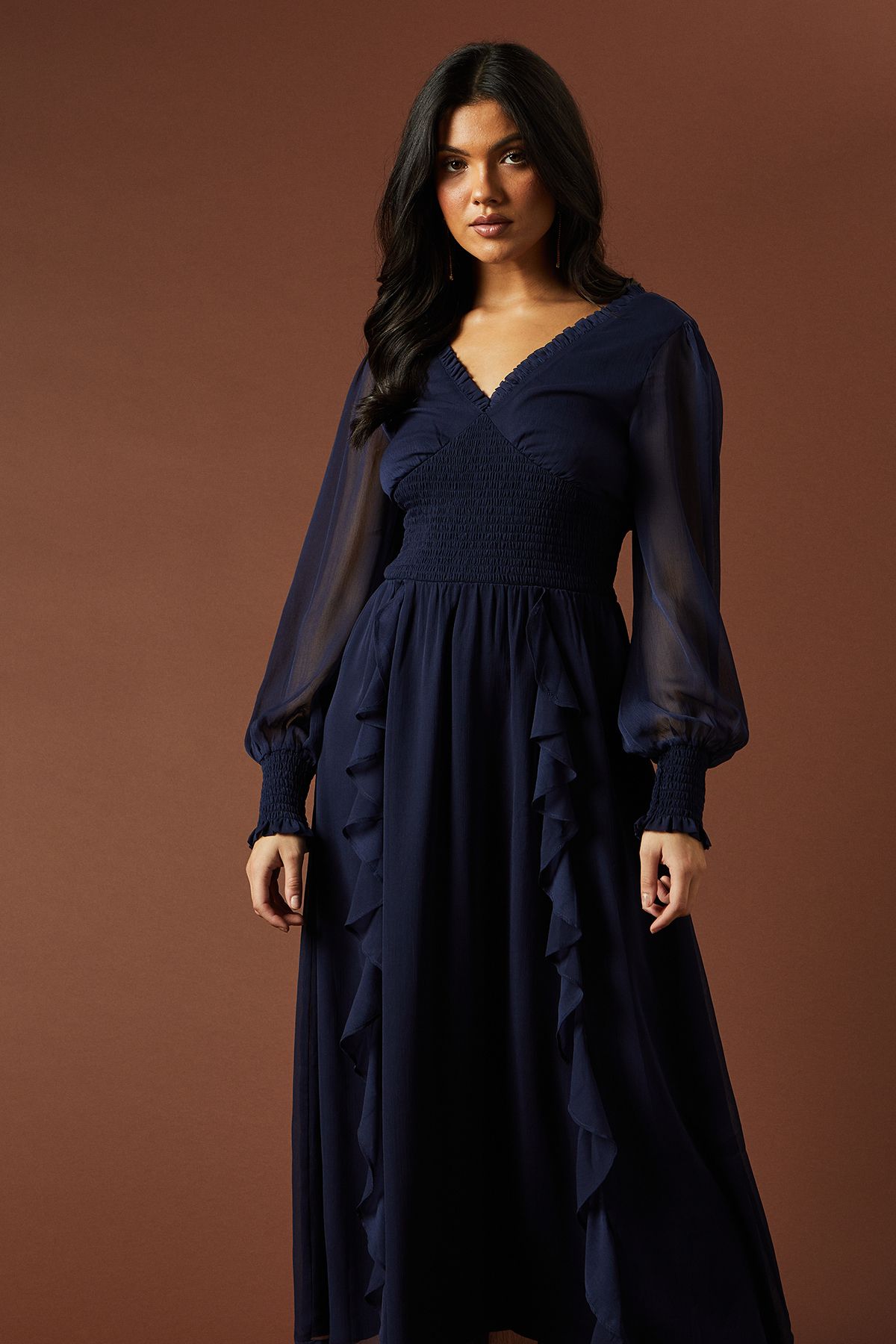 Oasis Plain Ruffle Detail Shirred Waist Midaxi Dress