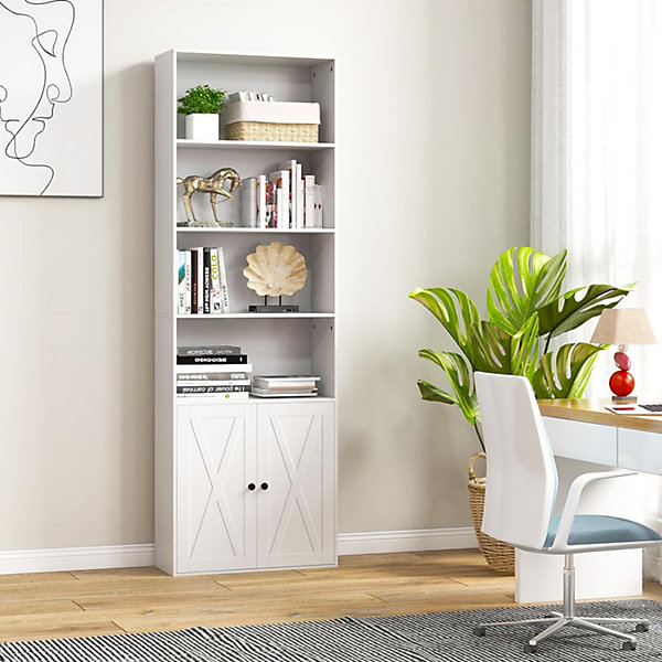 Bibliothèque Autoportante à 6 étagères avec Portes de Style Ferme et étagères Réglables pour Bureau Salon étude Blanc