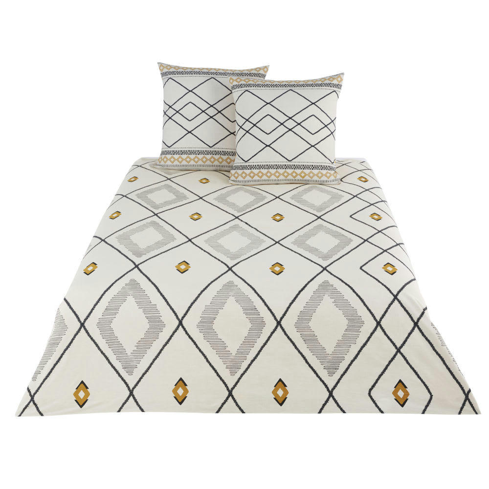 AMA - Parure de lit en coton écru, gris, noir et jaune moutarde imprimée 220x240