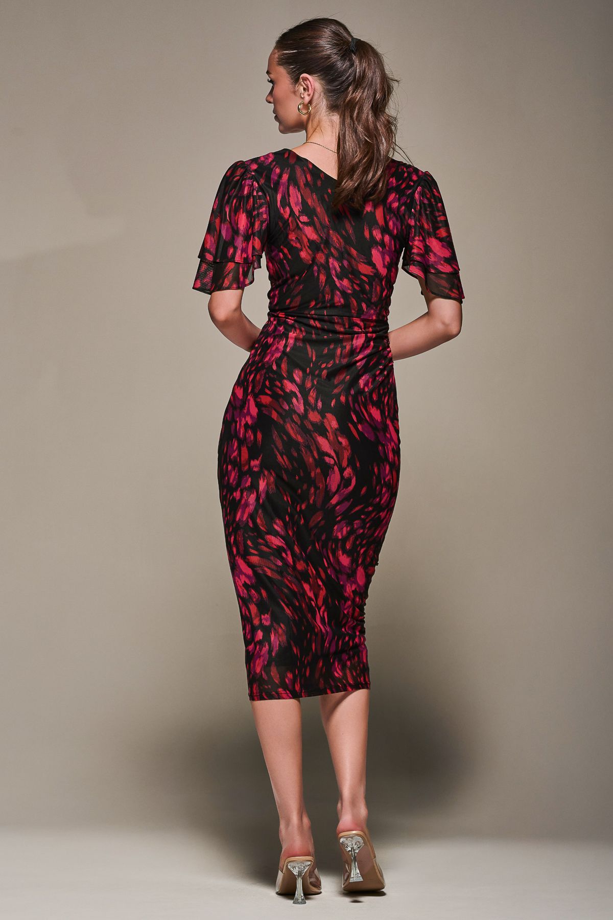 Jolie Moi Print Mesh Angel Sleeve Bodycon Midi Dress