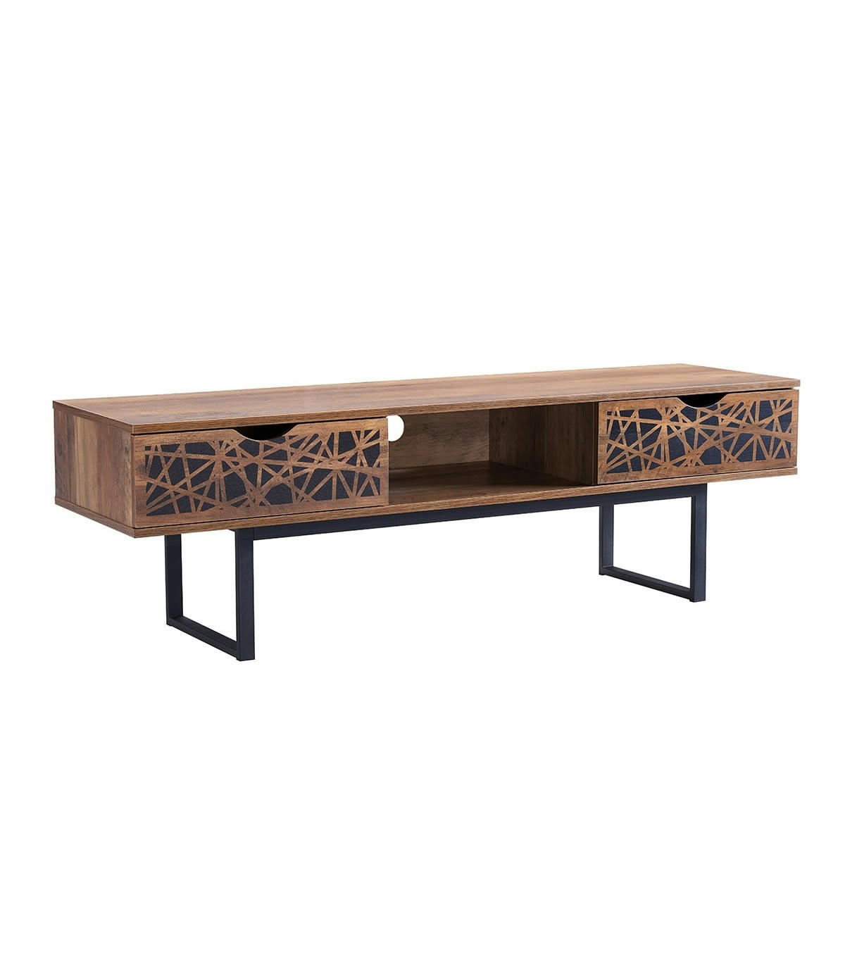 ANAELLE - Meuble TV 2 tiroirs et 1 niche effet bois et motifs noir - L140 cm