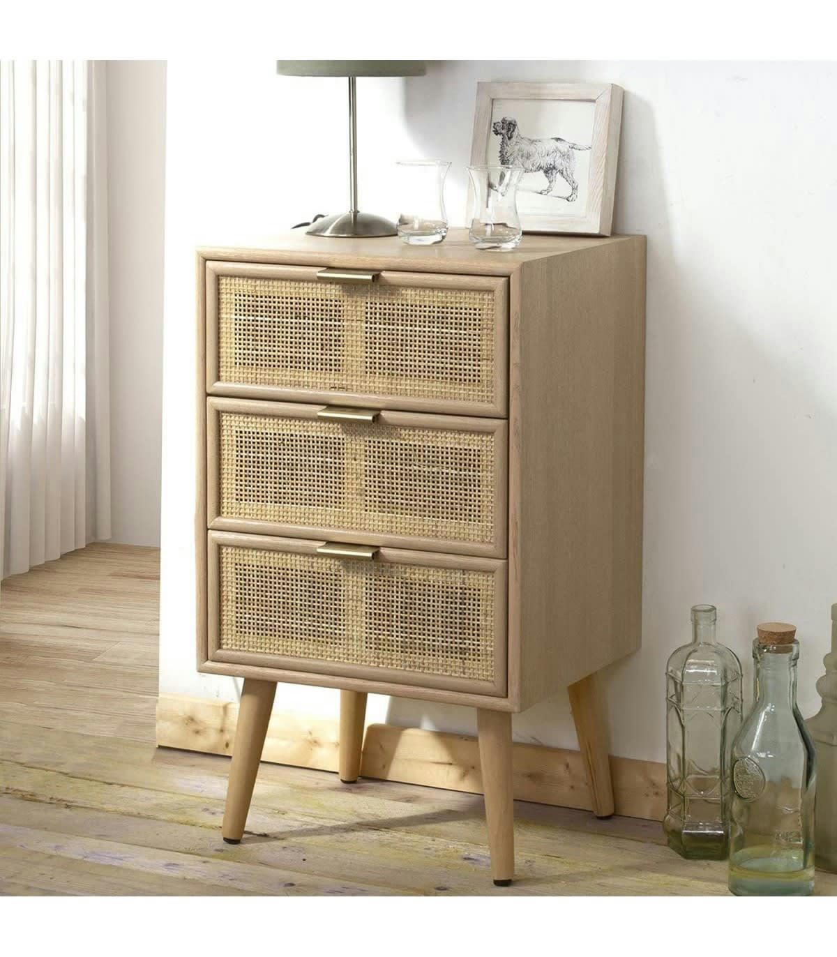 - Commode 3 Tiroirs Façade en Cannage Rotin Naturel