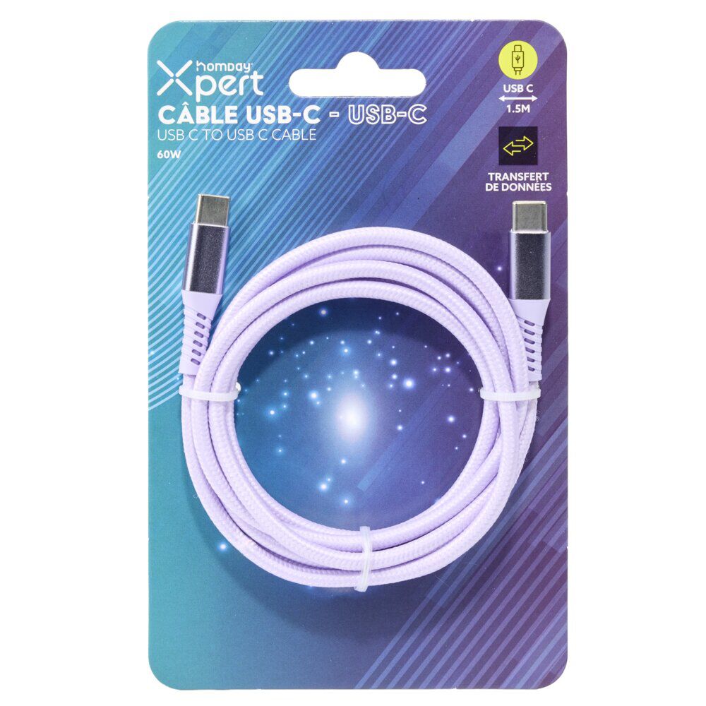 Câble de charge USB vers USB-C nylon 1,5m (2 modèles bleu ou violet)