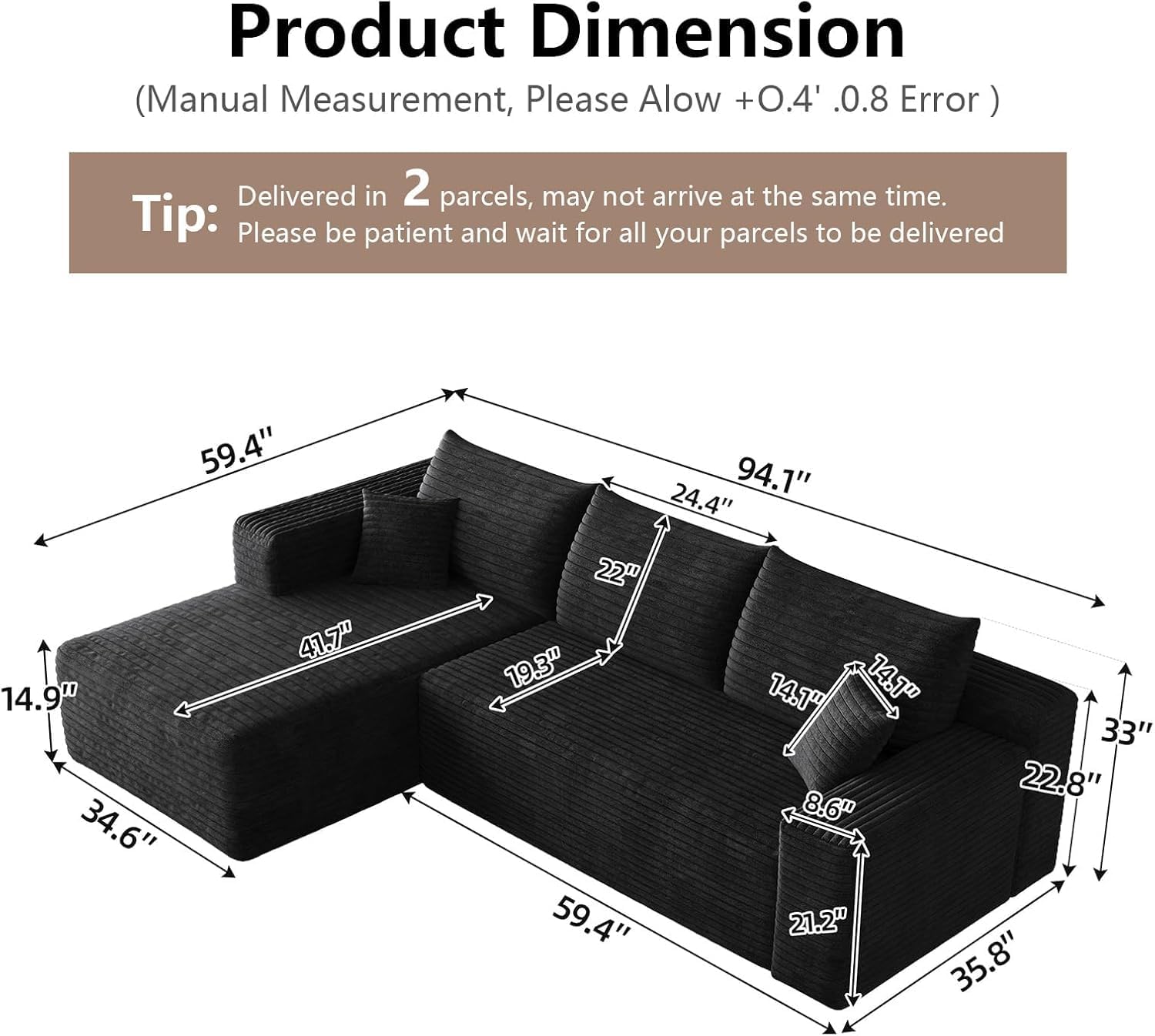 95 Cloud Sectional Couch with L-Shape Chaise, Modern Cloud Couch with Deep Seat, Modular Sectional Couches for Living Room, Apartment, Office, No Assembly Required
