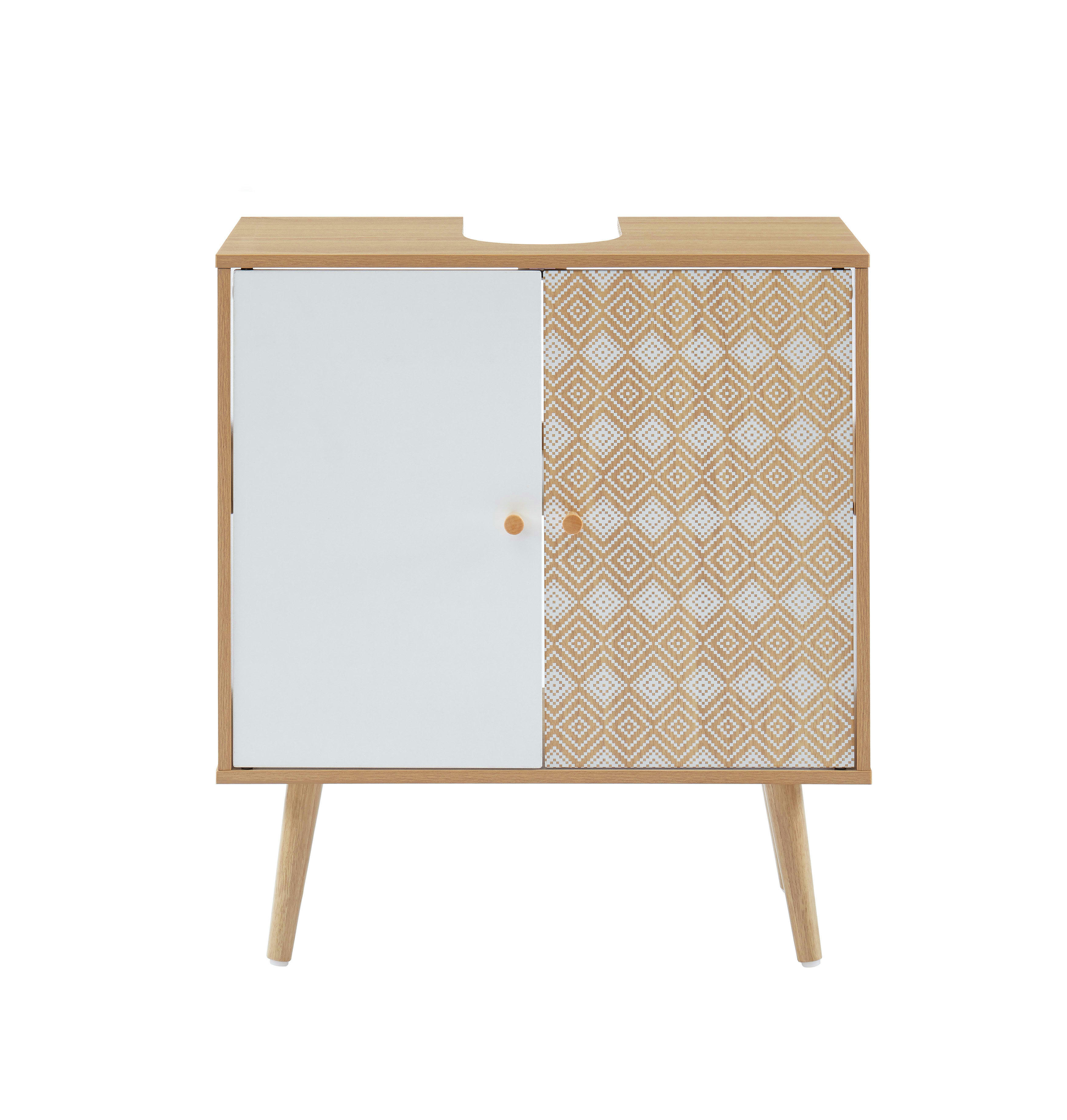 LEIKA - Meuble sous-vasque   effet chêne et motifs blancs  2 portes