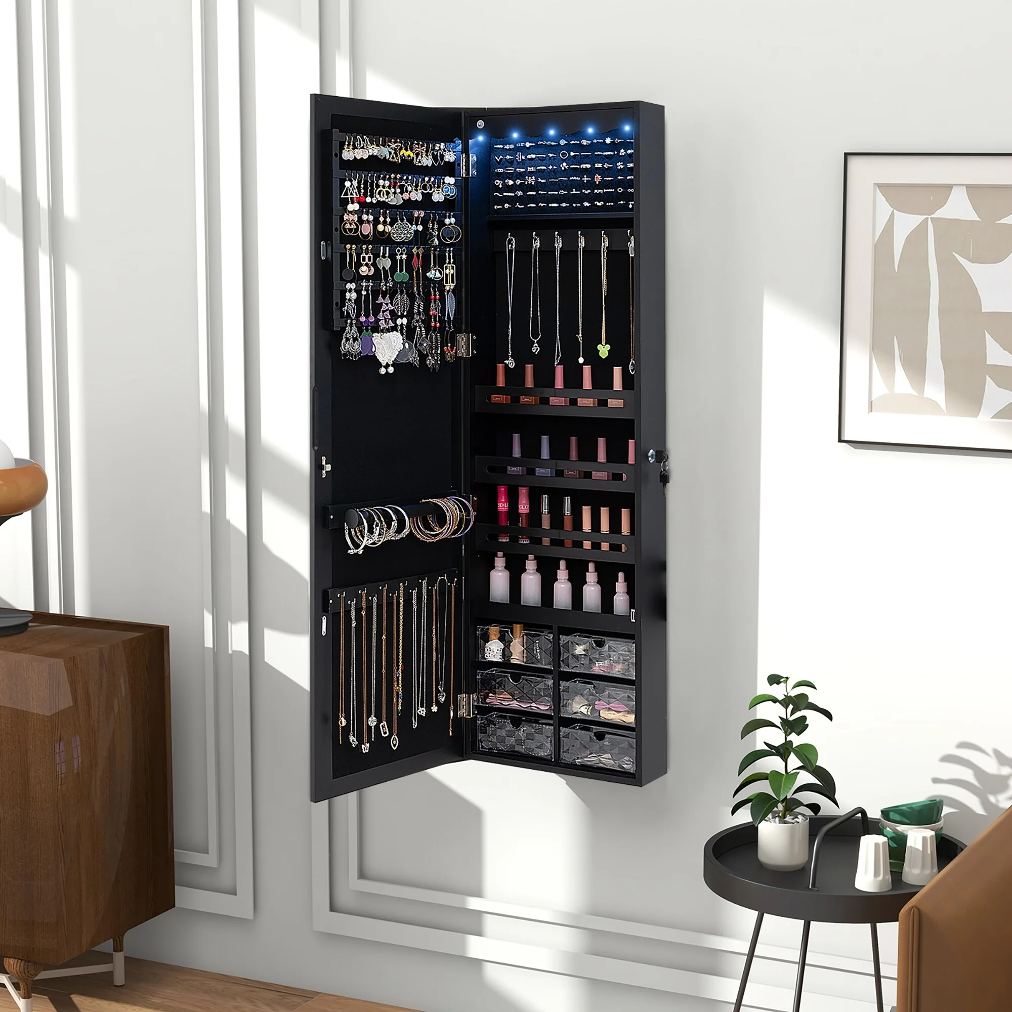 Gymax Jewelry Armoire w/ Full-Length Mirror w/ Built-in LED Lights