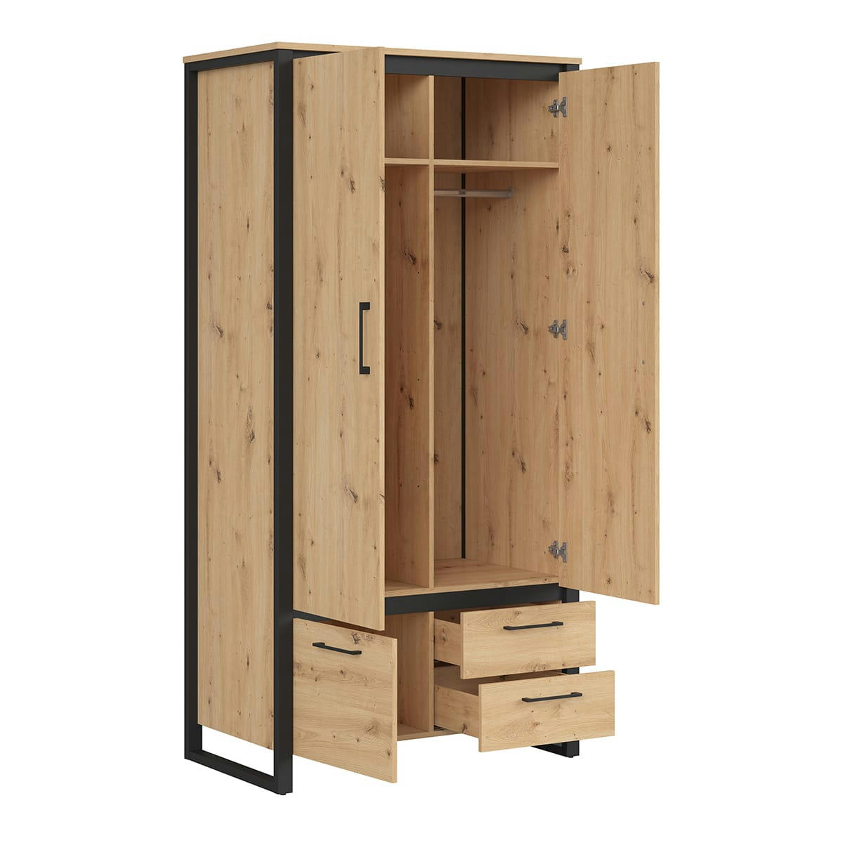 - Armoire 2 portes 2 tiroirs naturel et noir