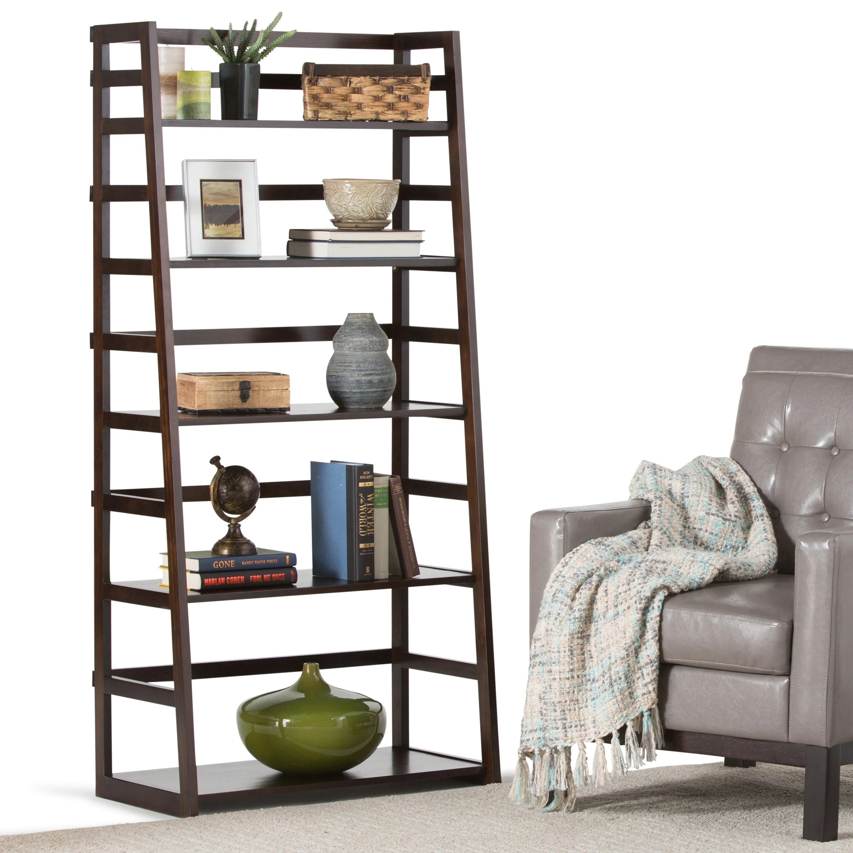 WYNDENHALL Normandy SOLID WOOD 63 inch x 30 inch Transitional Ladder Shelf Bookcase - 30w x 15.9d x 63h