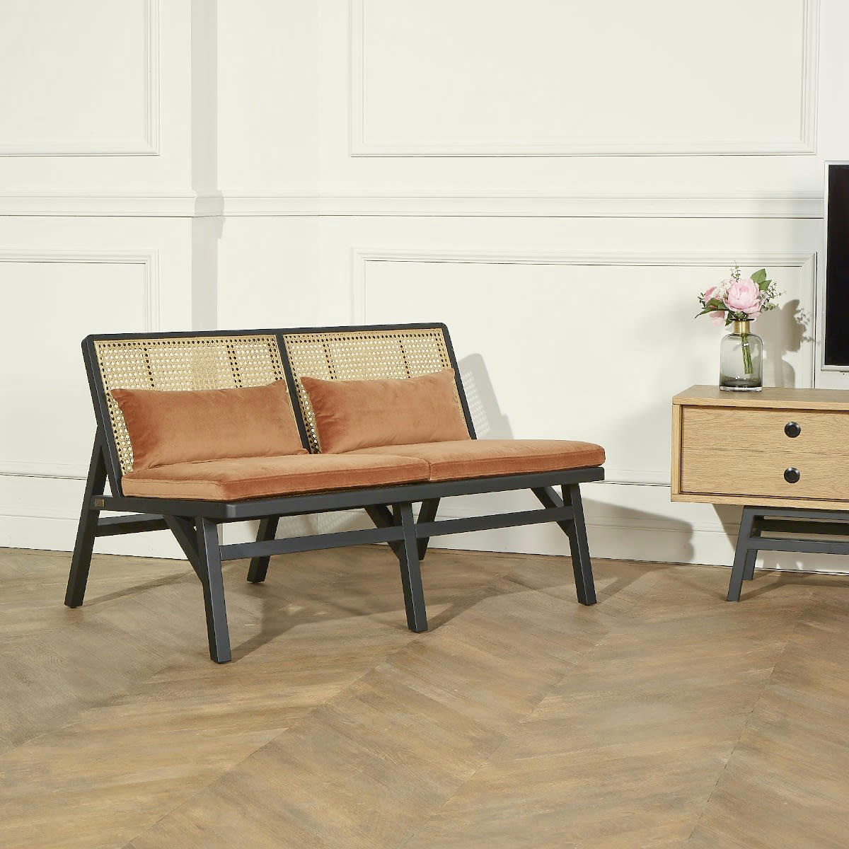 LALALA - Banquette chêne laqué noir cannage et velours 2 places caramel