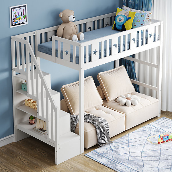 Lit mezzanine 90x200 cm enfant avec escalier intégré, barrières de sécurité, déco lune et étoiles, bois massif blanc sans matelas