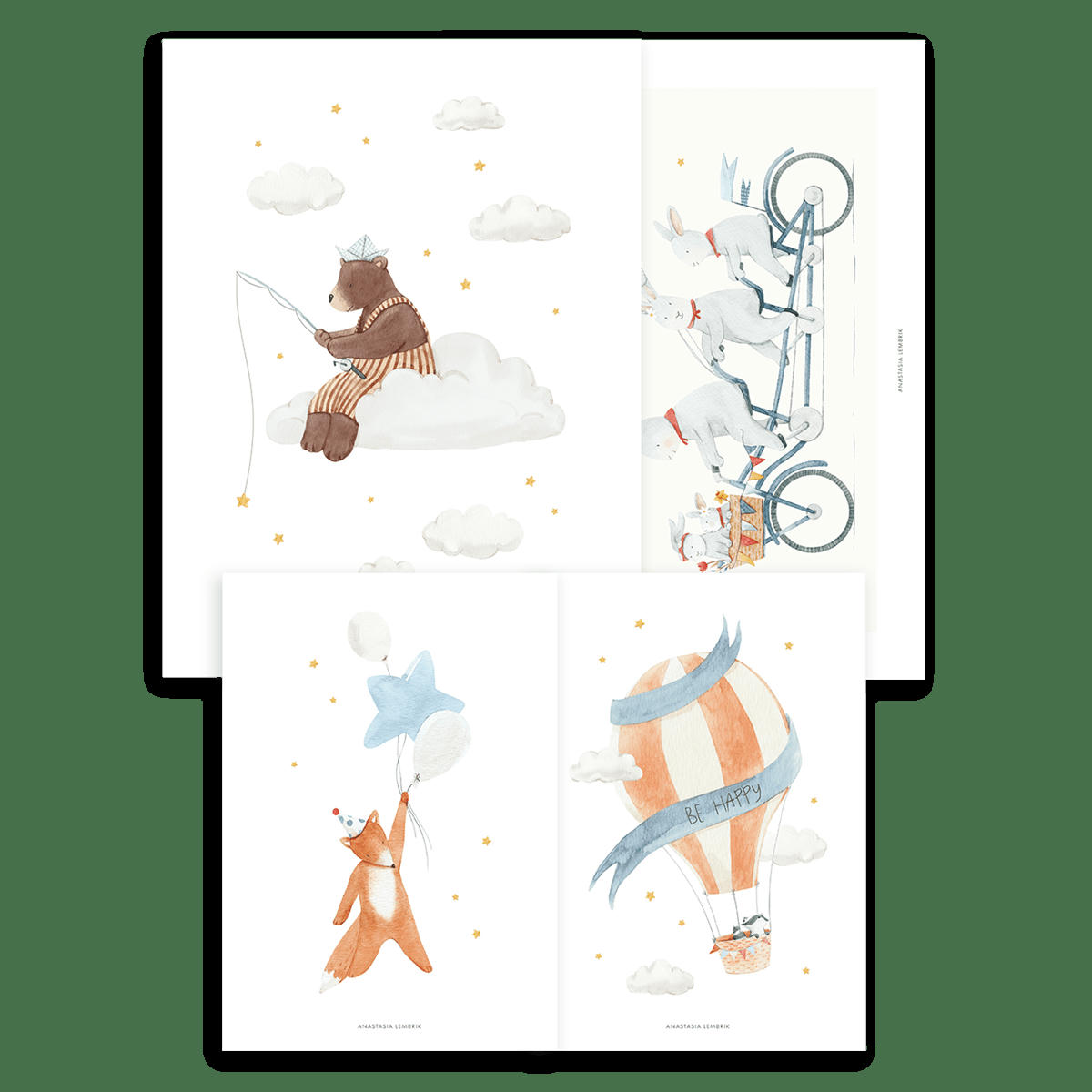GENTLE FRIENDS - Lot 4 affiches animaux montgolfières en papier multicolore