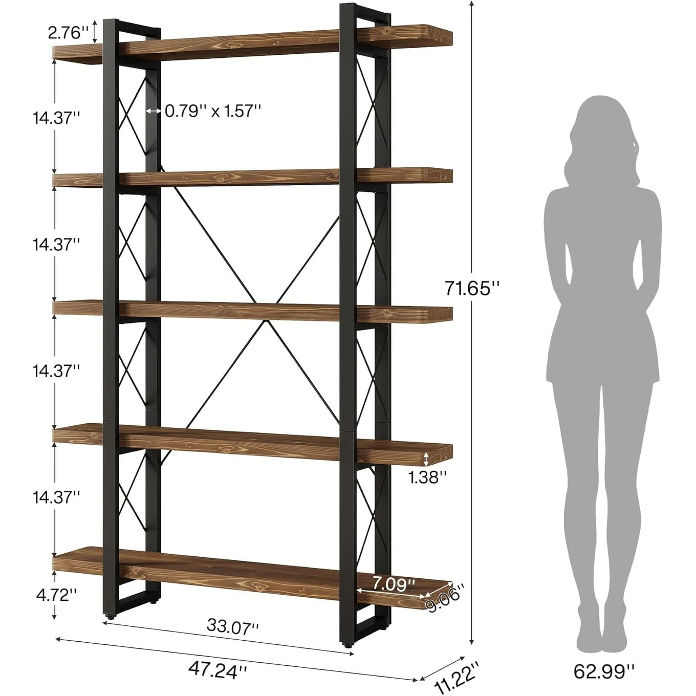 5-Tier Solid Wood Bookshelf, 71.6-Inch Tall Bookcase