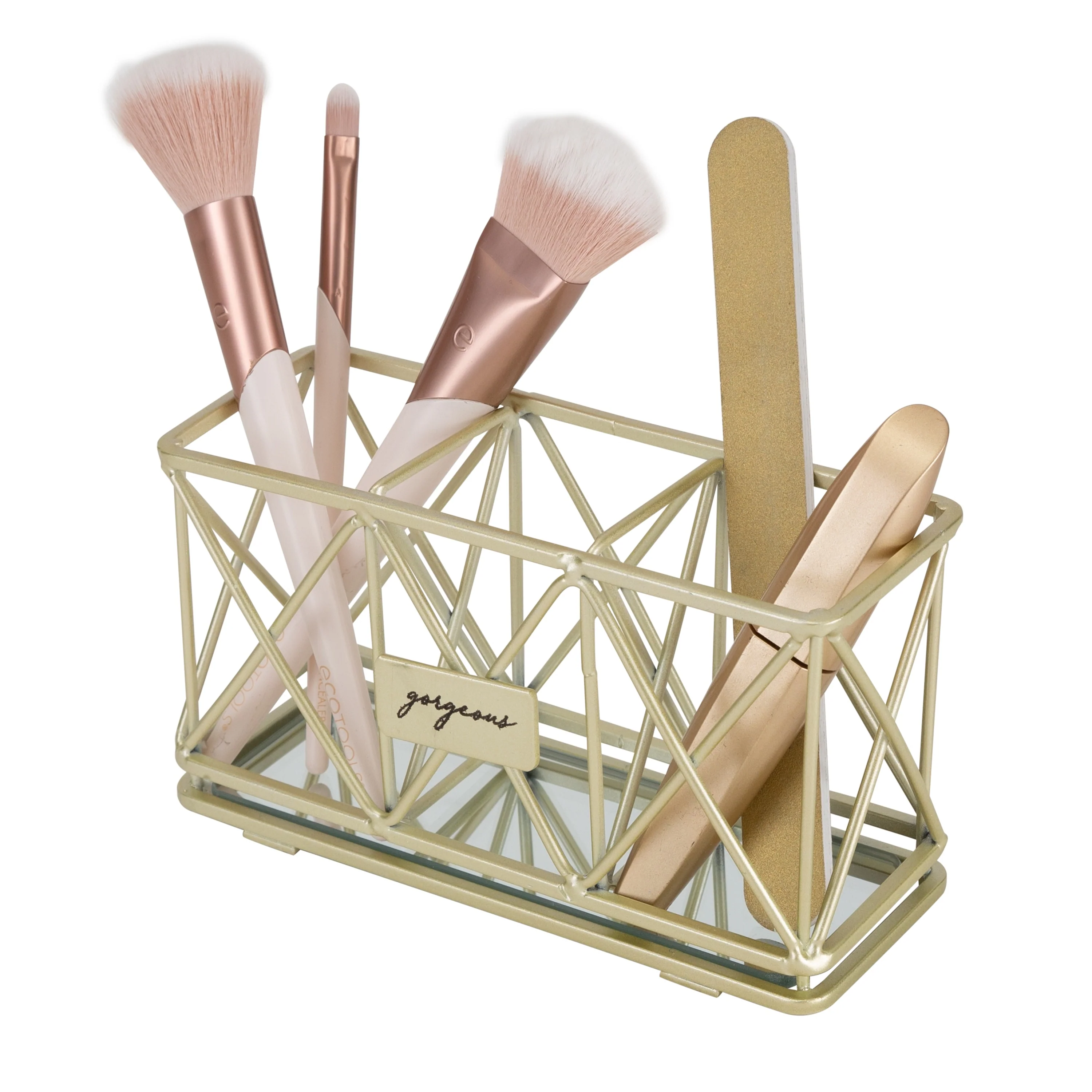 Home Details 3 Compartment Cosmetic Brush Pencil Holder in Satin Gold - 7x 2.5x 3.75