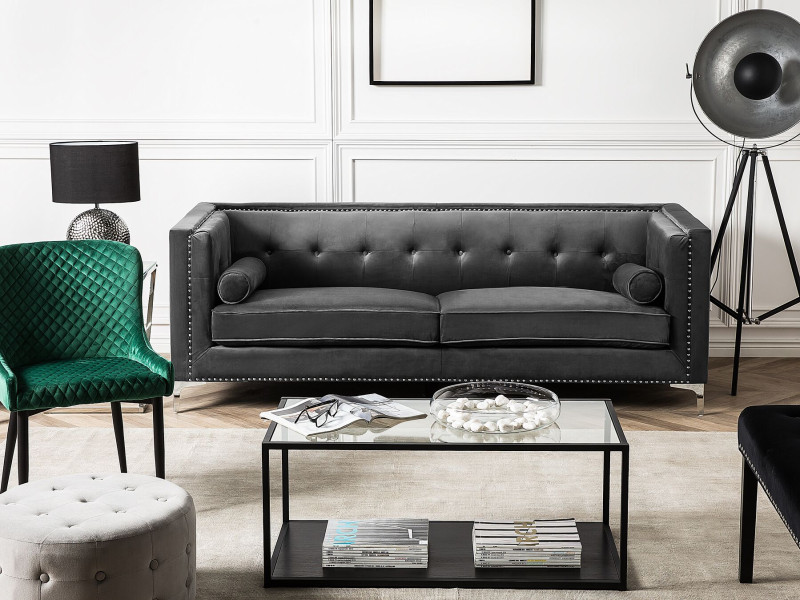 Sofa pikowana welurowa ciemnoszara