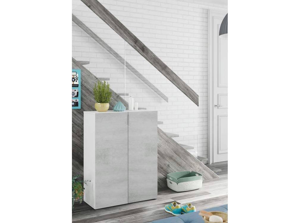 CARLA - Meuble à chaussures blanc/béton 2 portes (28 paires) L72 x H103cm