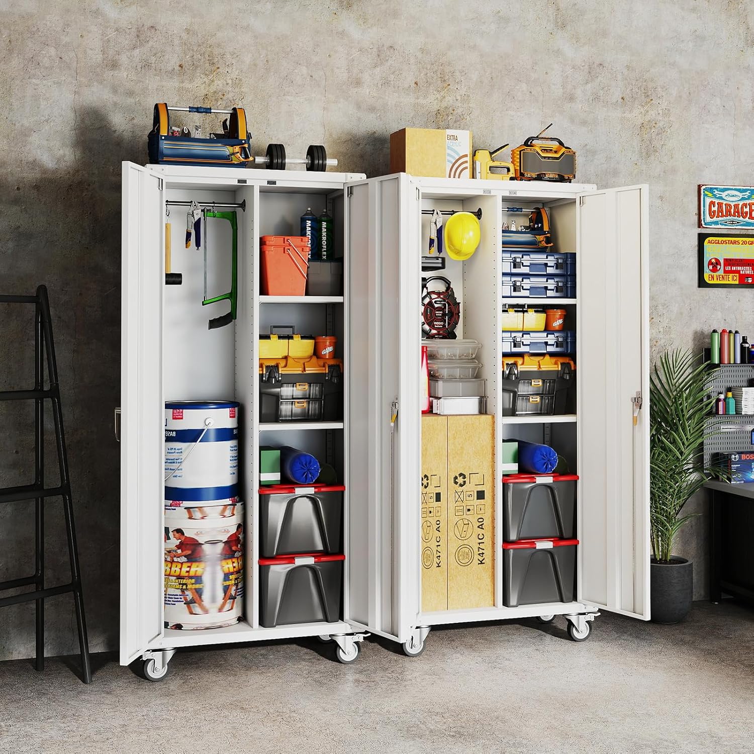 DUMOS 72 Metal Garage Storage Cabinet with Wheels, Tall Rolling Steel Tool Cabinet with Adjustable Shelves and Locking Doors, Lockable File Cabinet for Garage, Home, Office, Warehouse, White