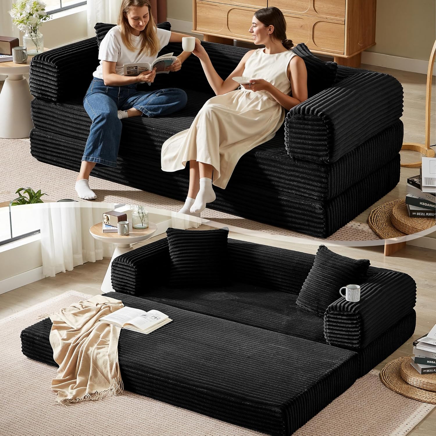 Boneless Couch Versatile Couches for Living Room No-Install Sofa Bed Corduroy Futon Soft Cloud Couch with Pillows for Bedroom Game Movie (Black, 76)