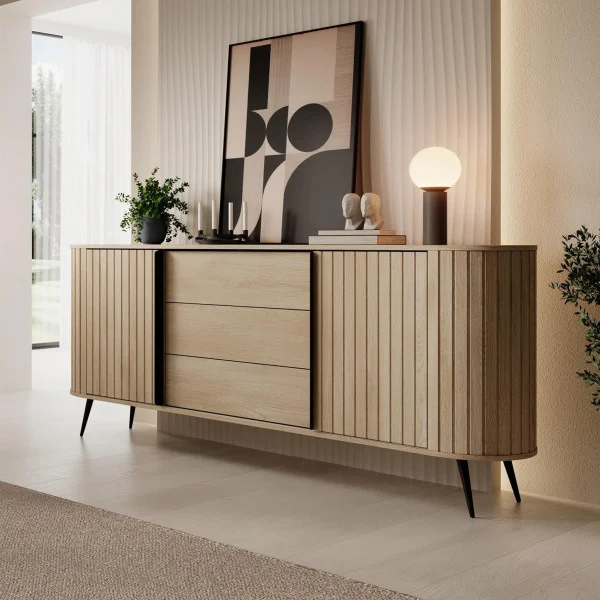 Komoda RIVO 196 cm dąb cremona z ryflowany front 3 szuflady przesuwne drzwi