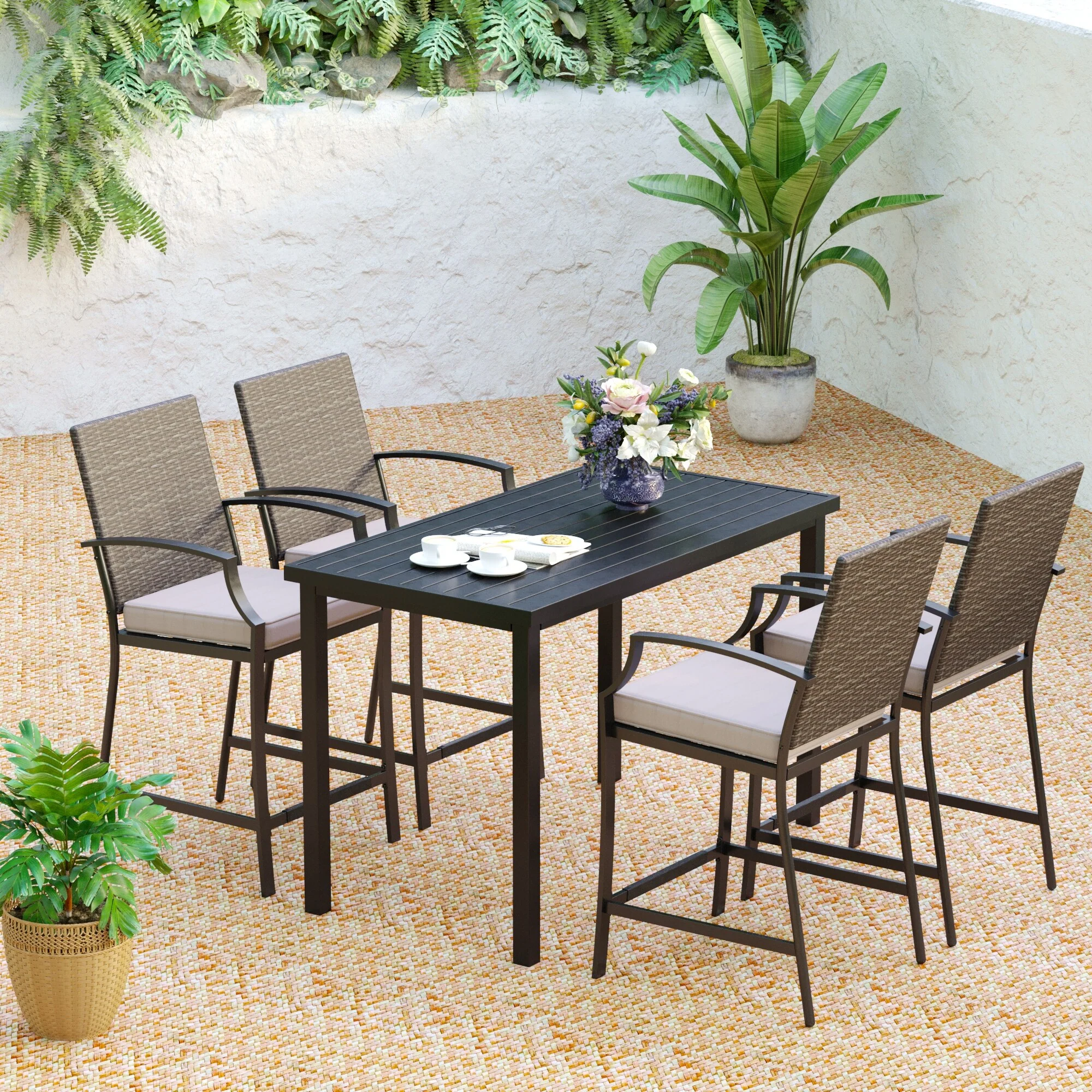 5-Piece Bar Height Dining Set, 4 Rattan or 4 Metal Swivel Bar Chairs and 1 Rectangular Metal Bar Height Table