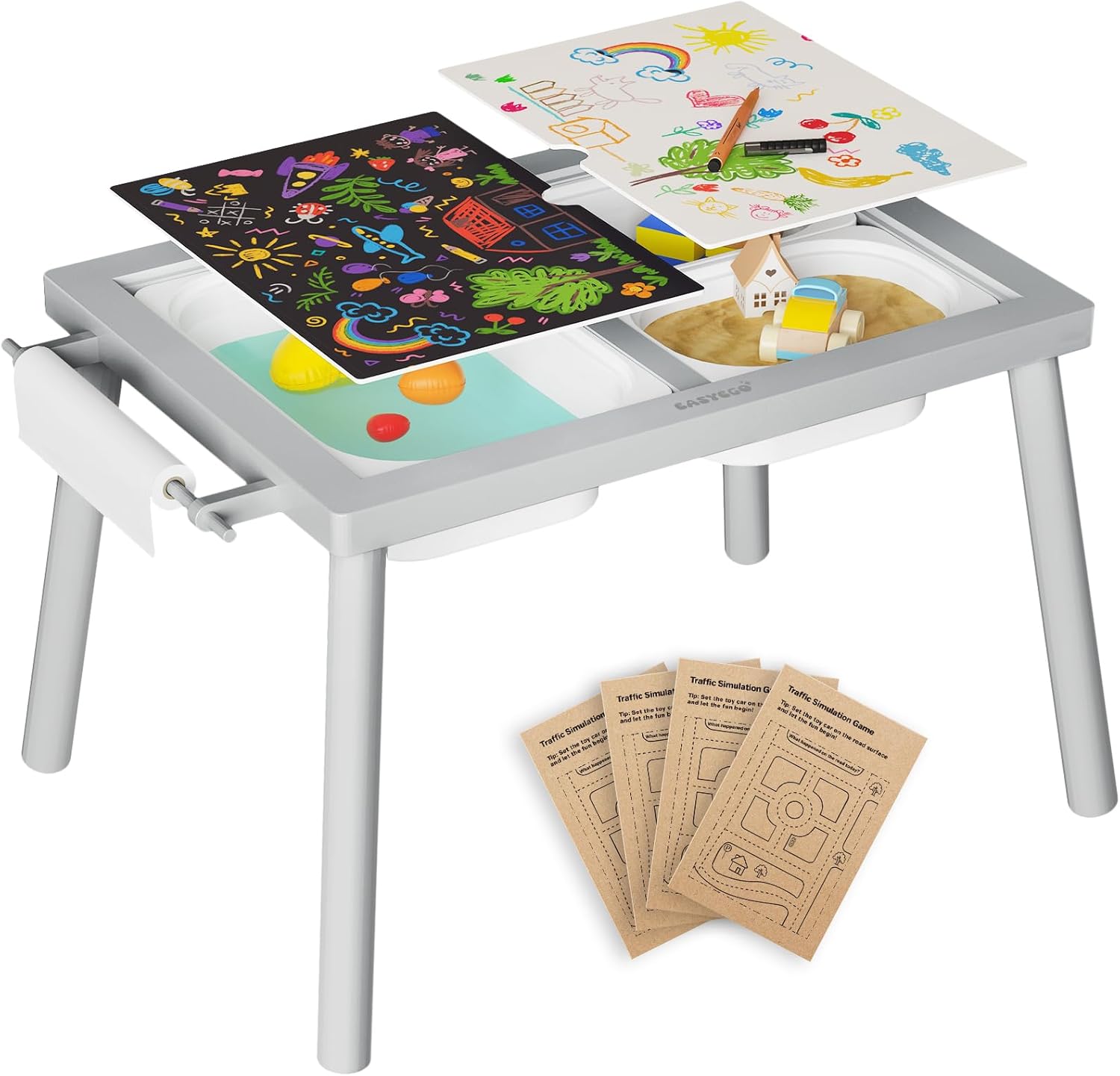 Easyego Sensory Table for Toddlers Kids Play Wooden Sand Water Table with Double-Sided Board & Foldable Storage Bins for Indoor and Outdoor Use, Birthday Gifts for Boys and Girls - Light Grey