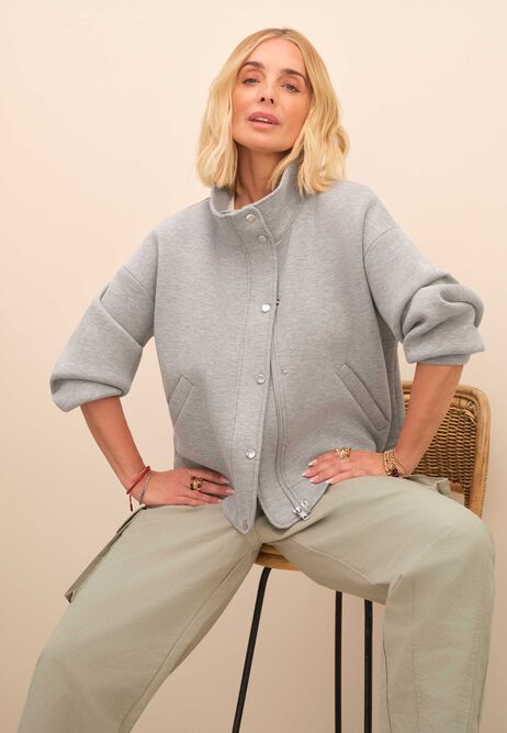 Womens Grey Button Through Bomber Sweatshirt