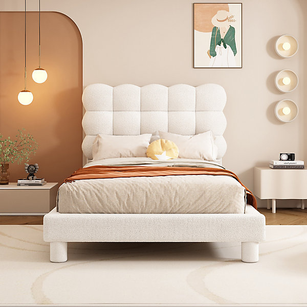 Lit 90x200 cm tapissé en tissu peluche blanc avec tête de lit réglable 3 positions, structure MDF, style moderne et épuré