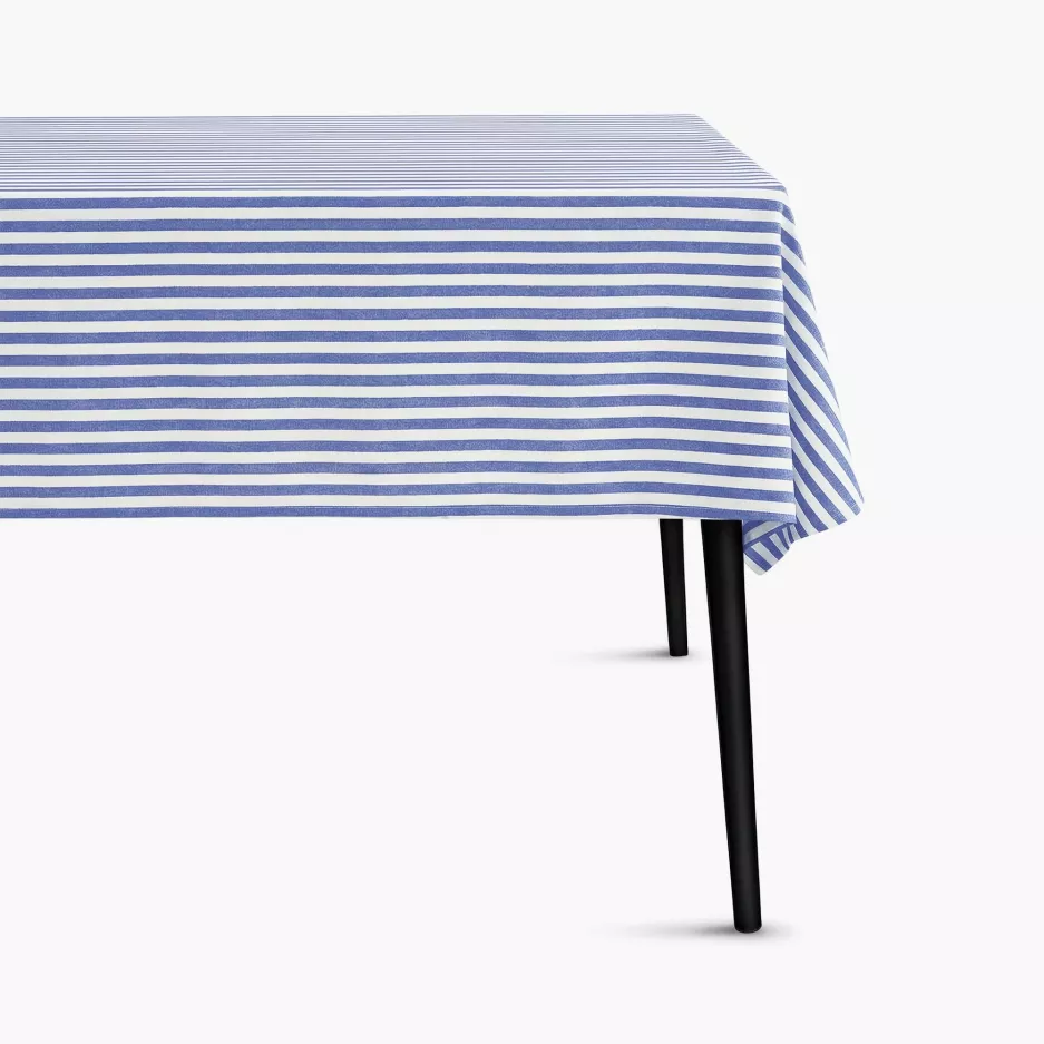 Obrus w paski DUKA REMMAR JAQUARD 250x150 cm biały niebieski bawełniany