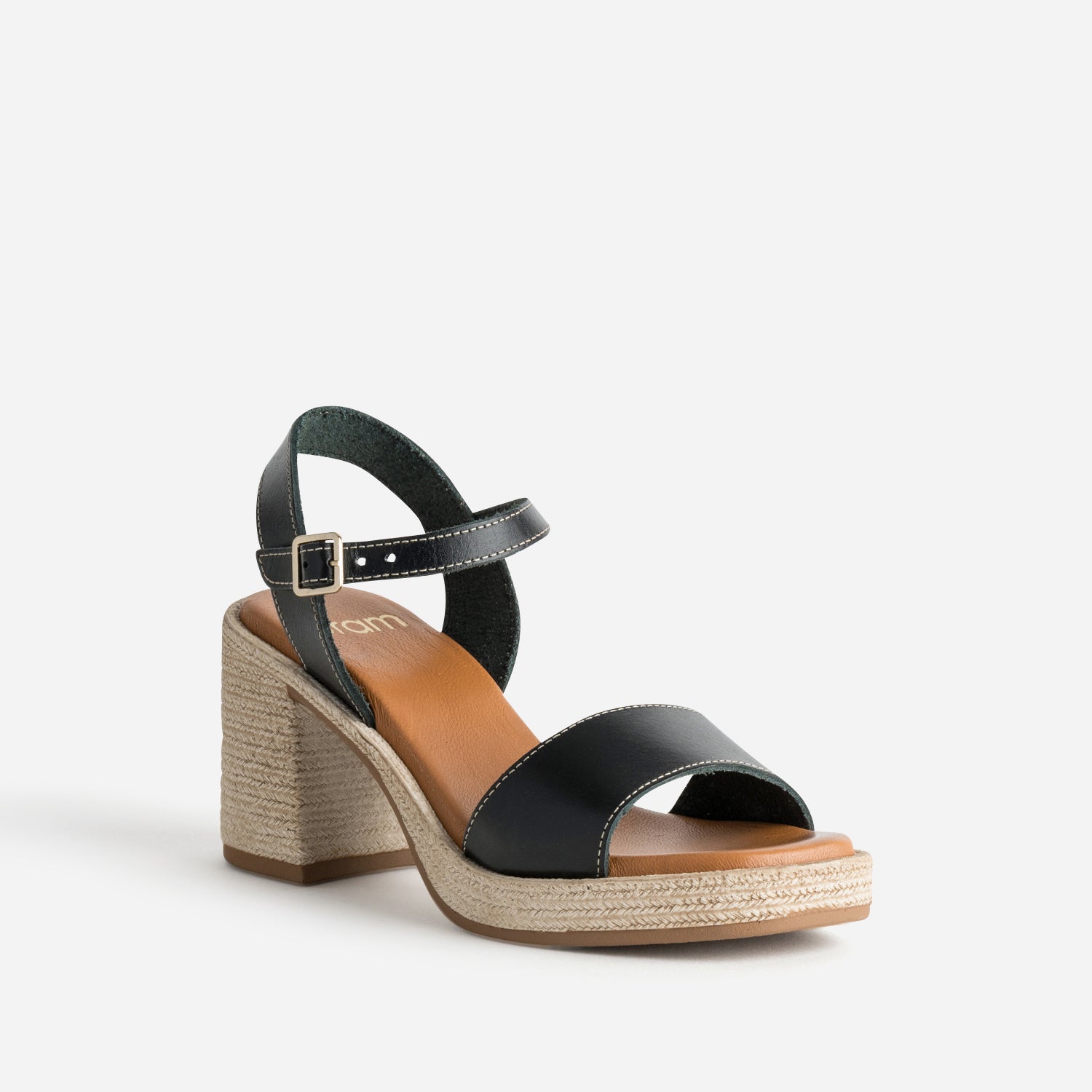 Sandale noire cuir talon effet corde