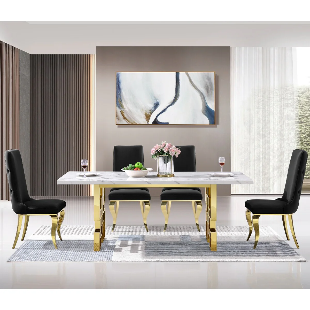 Black Tufted Dining Chairs with Soft Velvet Upholstered and Polished Gold Legs