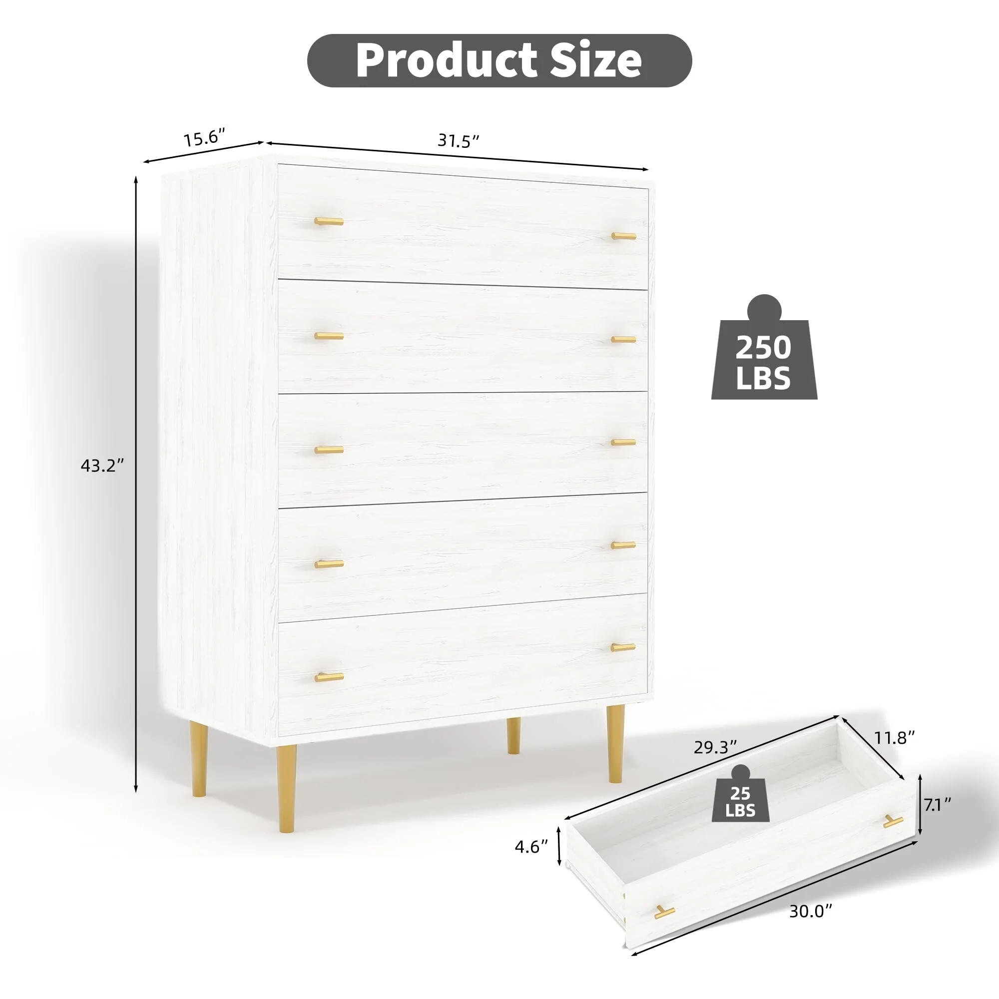 5 Drawers Dresser for Bedroom, 44 Tall Wood Rustic Chest of Drawers with Bar Handles, Vintage Design